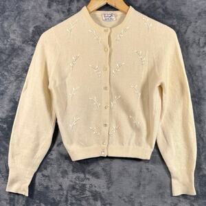 True x Vintage 50s/60s Penrose Hand Beaded/Embroidered Knit Cardigan Cream SM